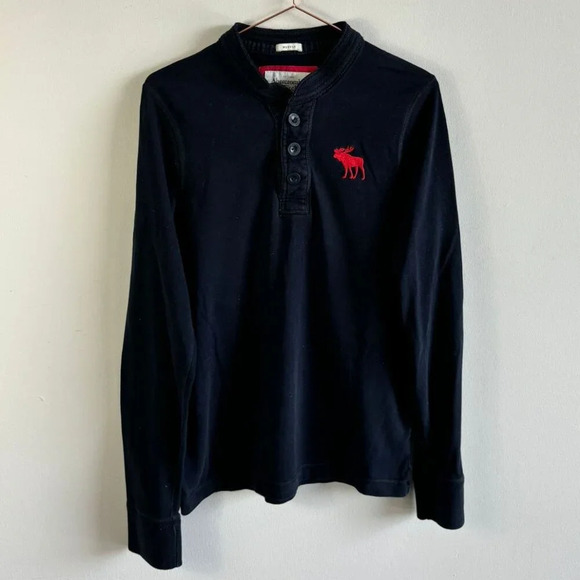 Abercrombie & Fitch Mens Moose Logo Henley Long Sleeve Shirt Black Size XXL - Picture 7 of 7